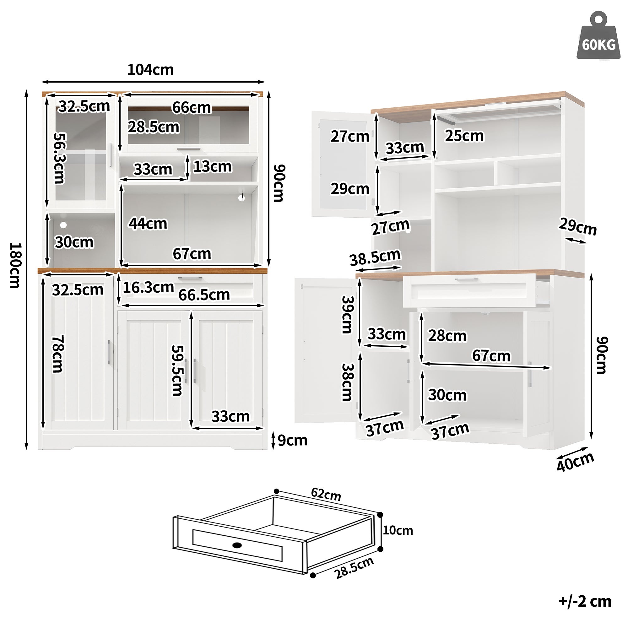 Buffet haut vaisselier de cuisine 104x40x180cm avec éclairage LED intégré, vitrine de rangement moderne pour salon, grande capacité, Blanc - 5