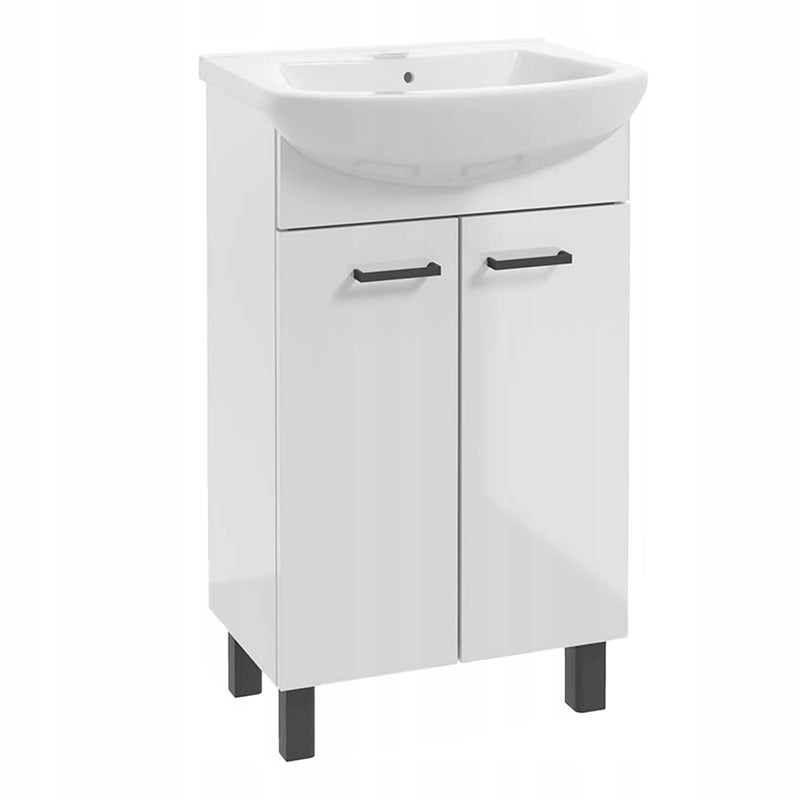 Szafka Łazienkowa 50 cm z Umywalką Biała Połysk Stojąca Czarne Nóżki