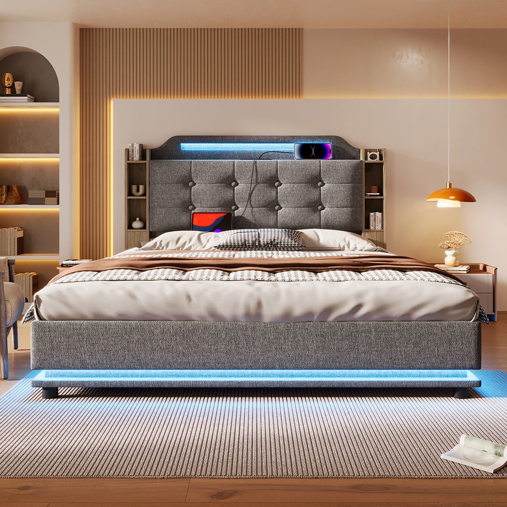 Letto imbottito a LED 140200 cm con porta di ricarica USB e contenitore idraulico, tessuto di lino delicato sulla pelle beige