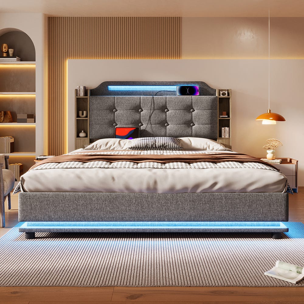 Letto imbottito a LED 140200 cm con porta di ricarica USB e contenitore idraulico, tessuto di lino delicato sulla pelle beige Letto imbottito a LED 140200 cm con porta di ricarica USB e contenitore idraulico, tessuto di lino delicato sulla pelle beige