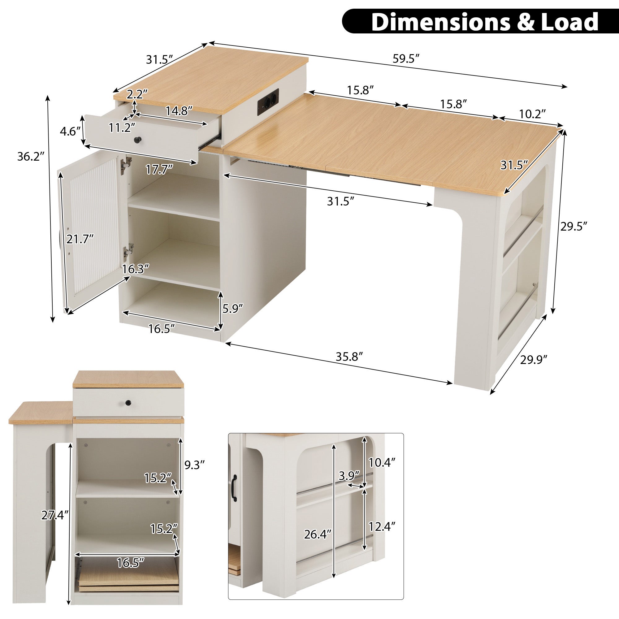 Ilot central de cuisine - avec prise de courant - avec table à manger amovible et extensible - texture du bois - avec 1 porte - naturel + blanc - 5