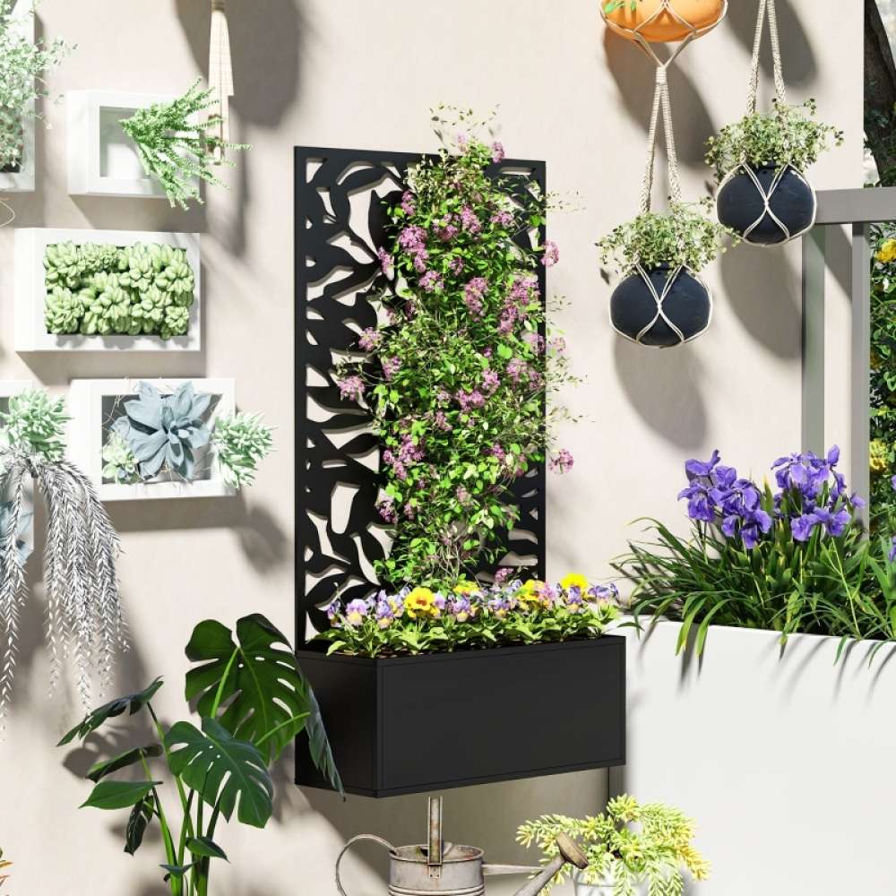 Bac surélevé de jardin en métal noir avec treillis, panneau occultant, jardinière extérieure, potager, bac à fleurs, protection vie privée - 7