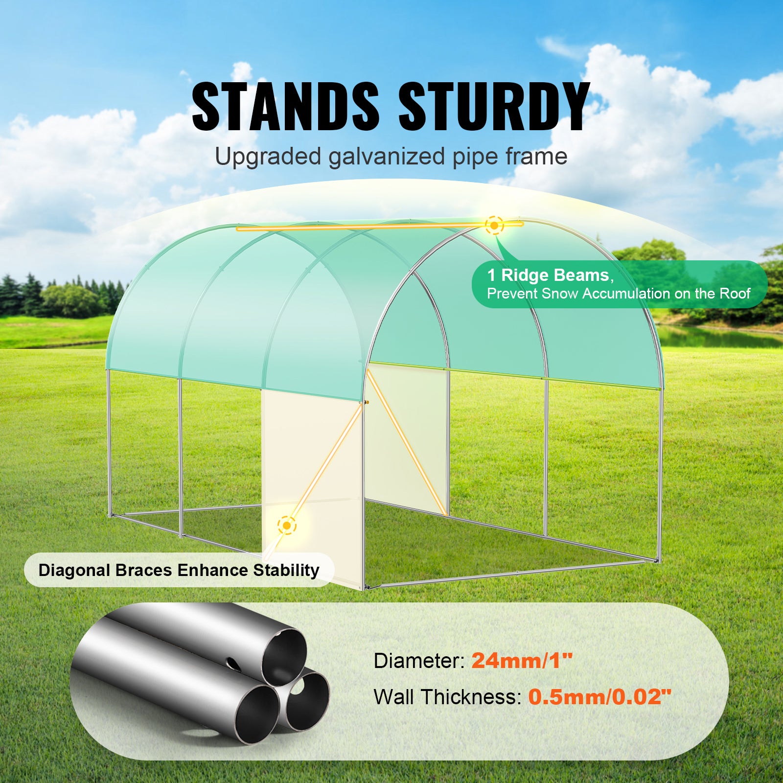 Serre tunnel SucceBuy 3,4 x 1,9 x 1,9 m pour plantes cadre en acier galvanisé,couverture en PE vert porte à fermeture éclair enroulable et 6 fenêtres - 4