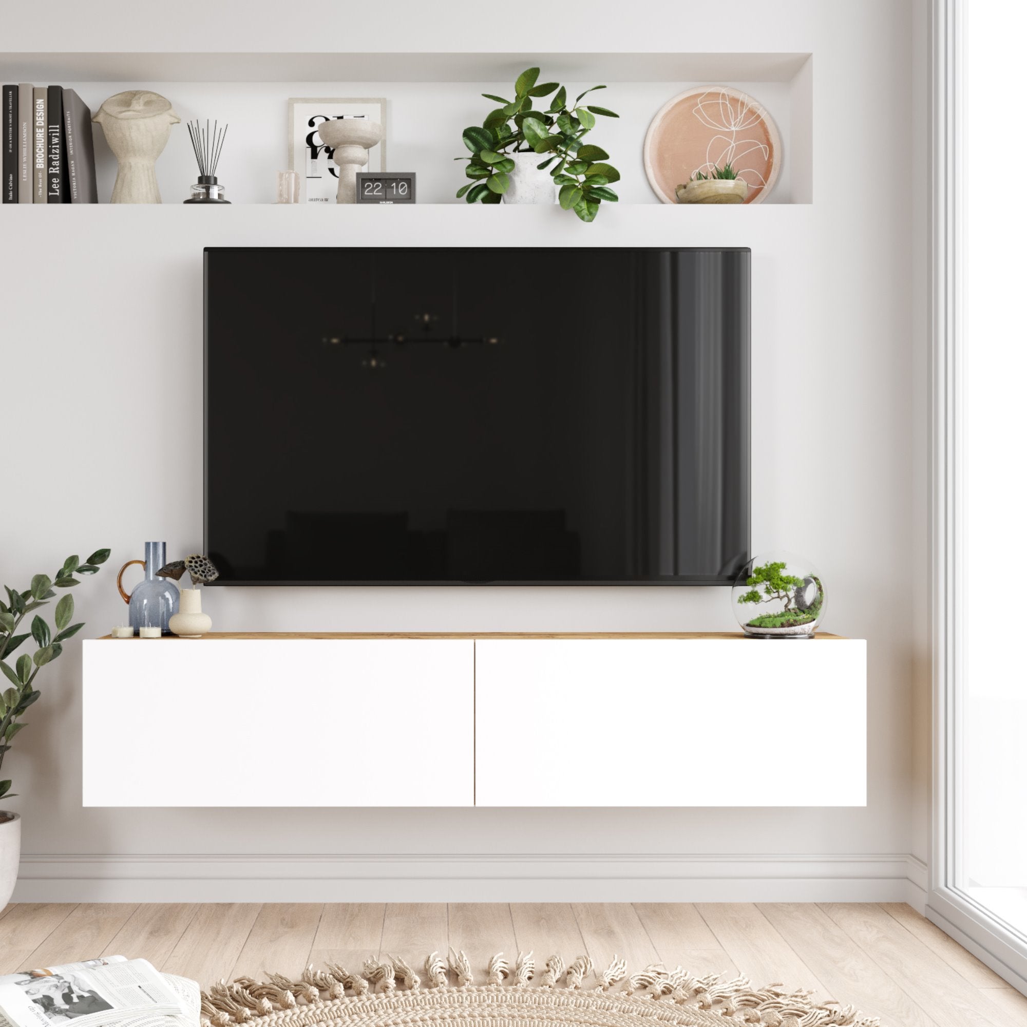 Meuble TV Lapinlahti à 2 portes 29,5 x 140 x 31,5 cm effet bois de pin / blanc [en.casa] - 4