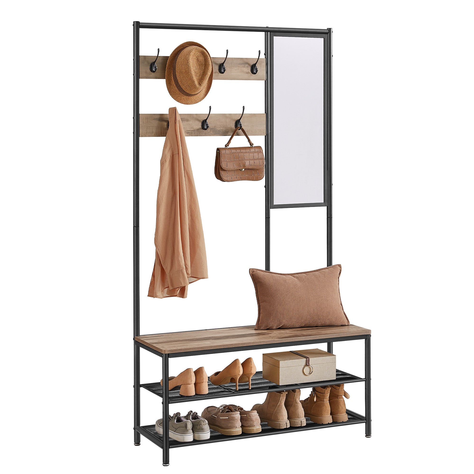 Meuble d’Entrée avec Crochets, Miroir, Banc et Étagère à Chaussures, Porte-manteaux, Vestiaire, 35 x 98 x 180 cm, Marron Camel et Noir d'Encre - 6