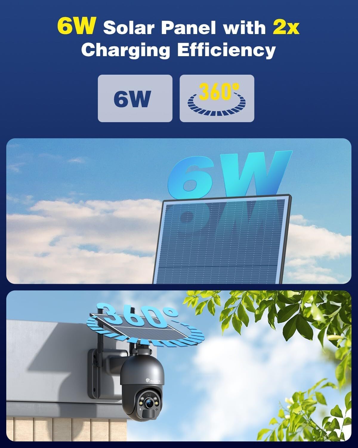 Caméra de surveillance sans fil Ctronics 5MP extérieure, panneau solaire 6W, alarme sonore et lumineuse, contrôle à distance via PC/téléphone, FTP - 4