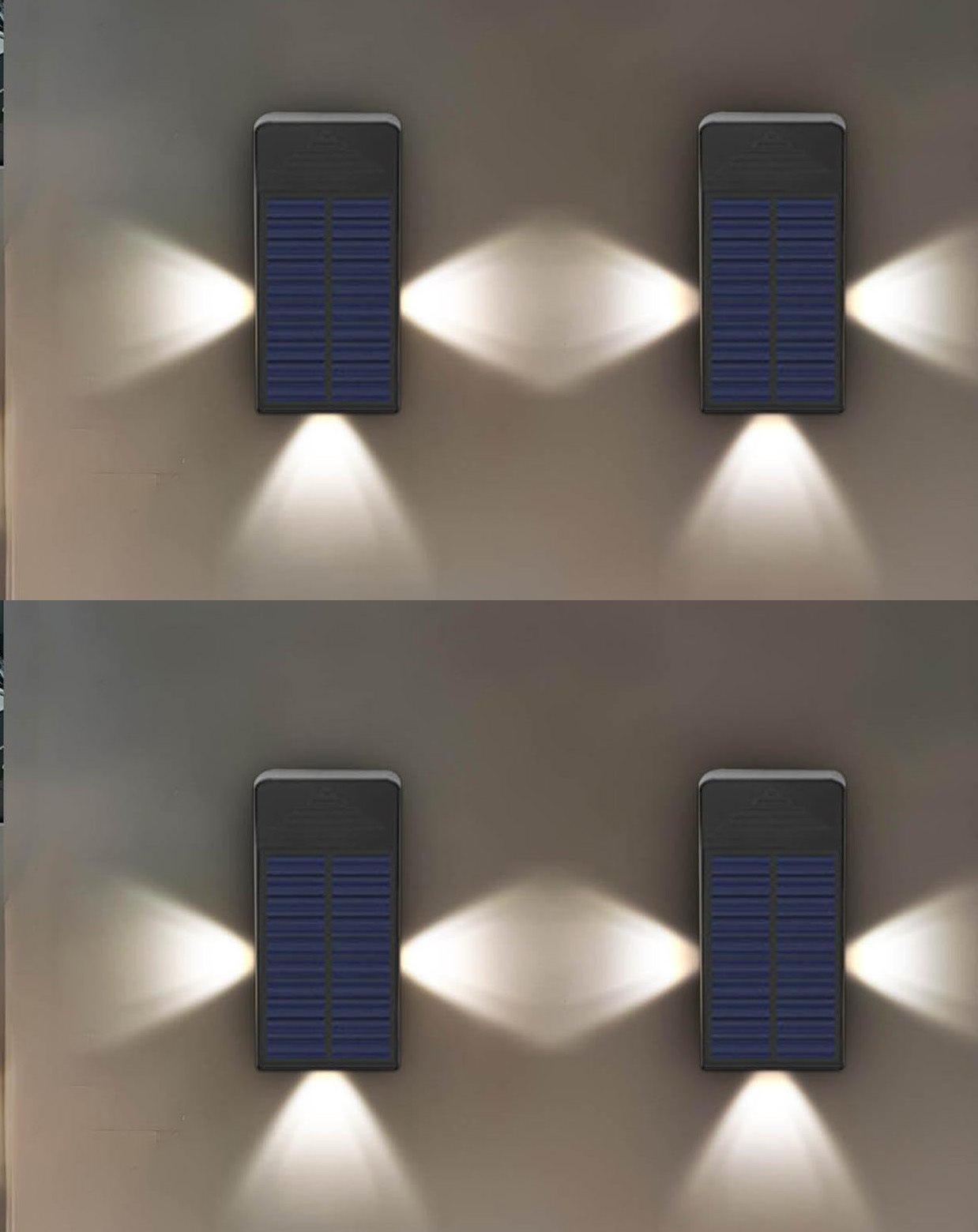 Zestaw 4 zewnętrznych lamp solarnych, solarne kinkiety ścienne, wodoszczelność IP65, światło białe 6500 K, do ogrodu, na taras i patio