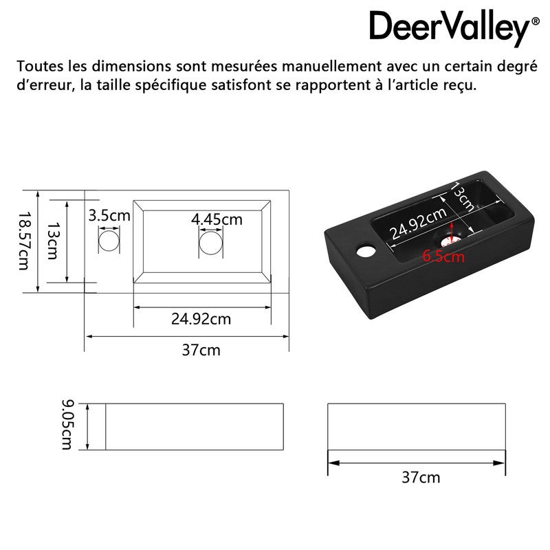 Vasque Lave Main Mini Meuble Vasque Rectangulaire Noir Mat en Céramique pour Petit Espace (Main Gauche) - DeerValley - 2
