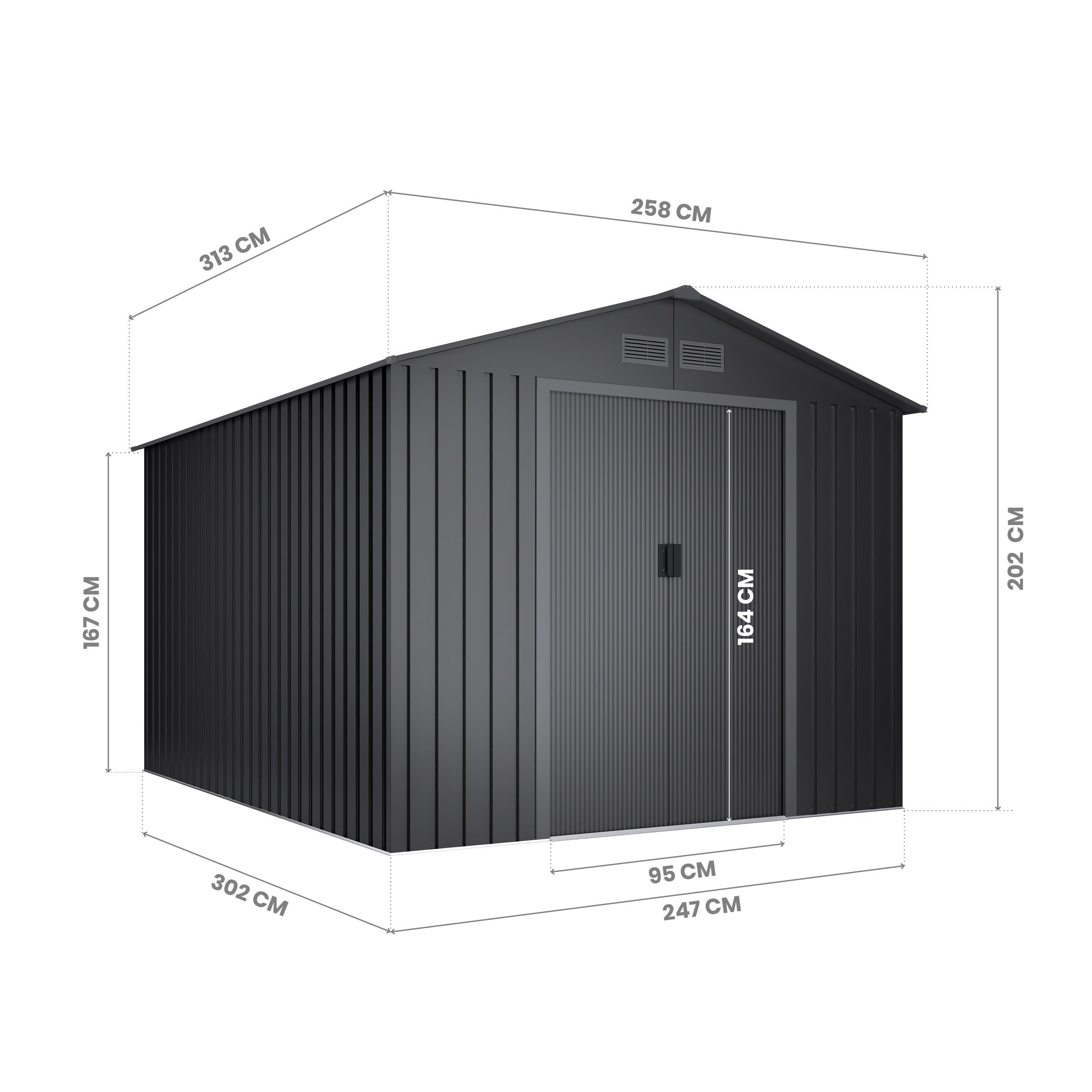 Caseta de jardín exterior 8,08m2 - 258x313x202cm - Puerta doble corredera - 4 respiraderos - Antracita - Metal - 4