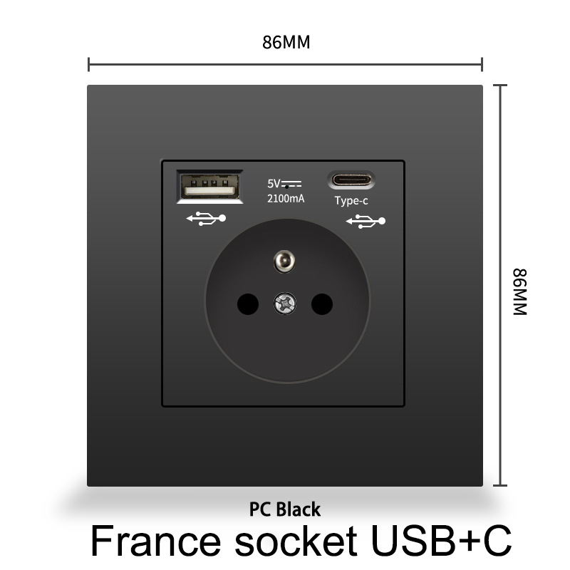 Prise murale avec USB et Type-C, 5 V - 2,1 A, prise USB intégrée standard UE, multiprise française avec boîtier de montage, 110-250 V (noir) - 4