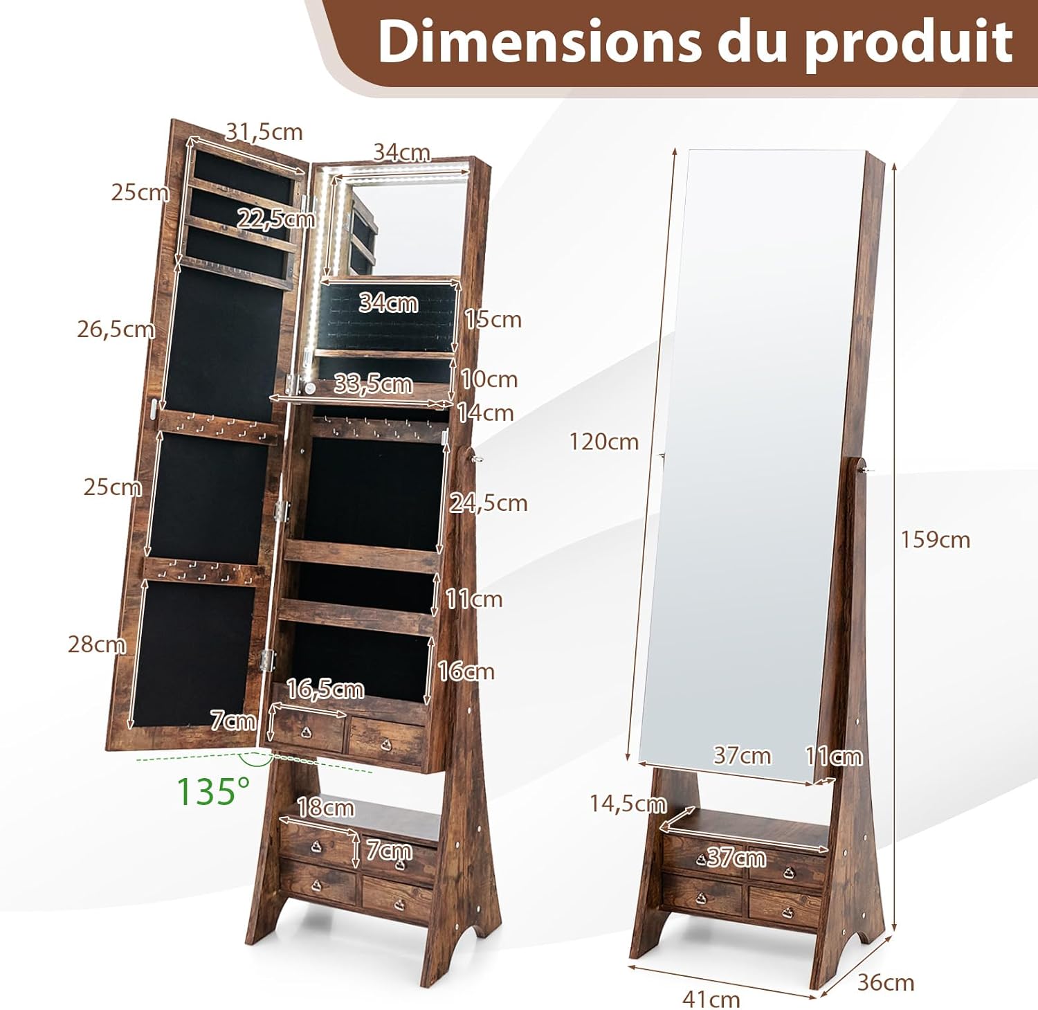 Armoire à Bijoux avec Miroir Pleine Longueur,Organisateur de Bijoux avec Miroir & Lumières LED Intégrées,Étagère de Maquillage Pliable(Marron) - 3