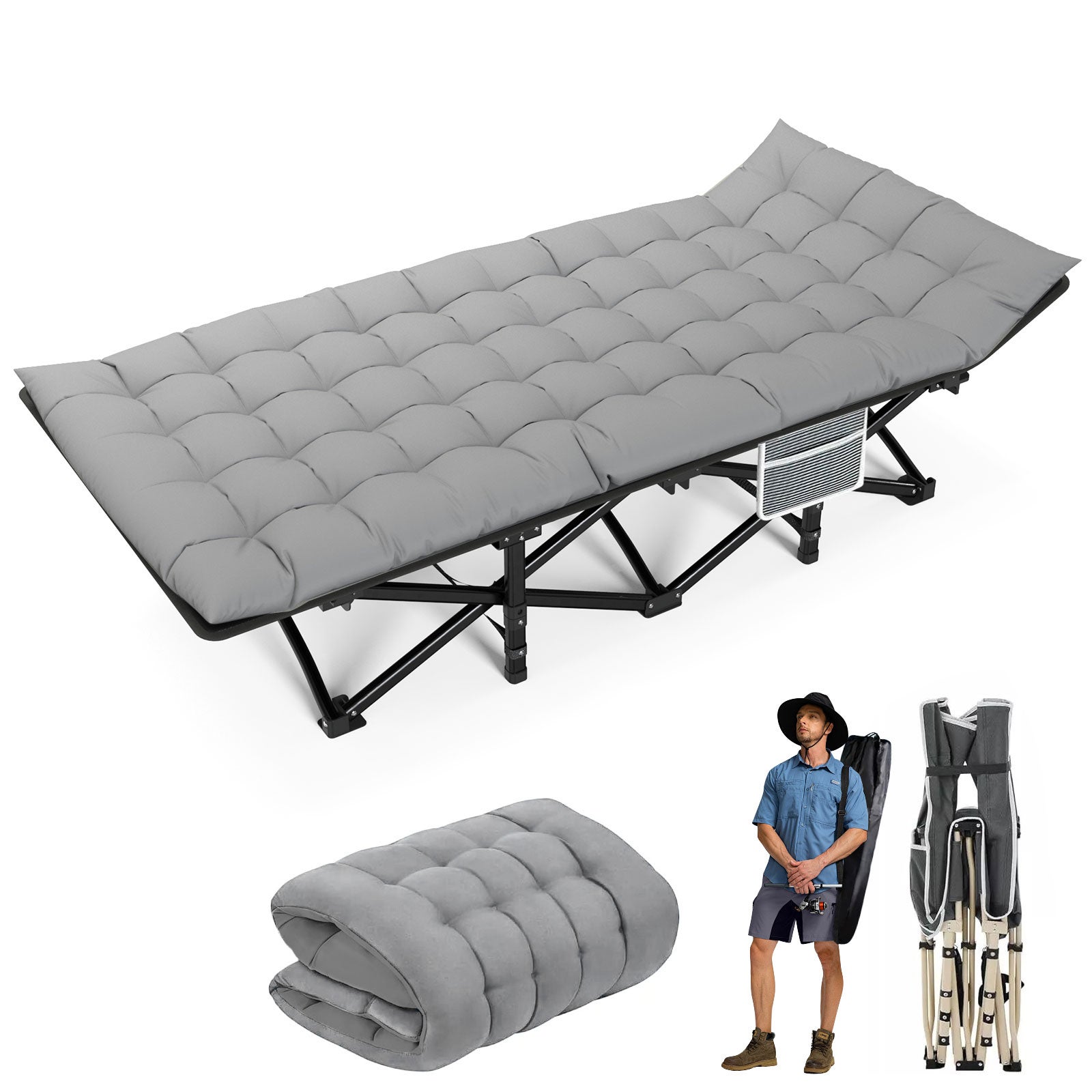 Qwinern  Cama Plegable Para Acampar, Colchoneta Para Sillón De Exterior, Con Bolsa De Almacenamiento, Cama Para Siesta De Oficina, 190 X 71 Cm Gris/Negro , Leroy Merlin