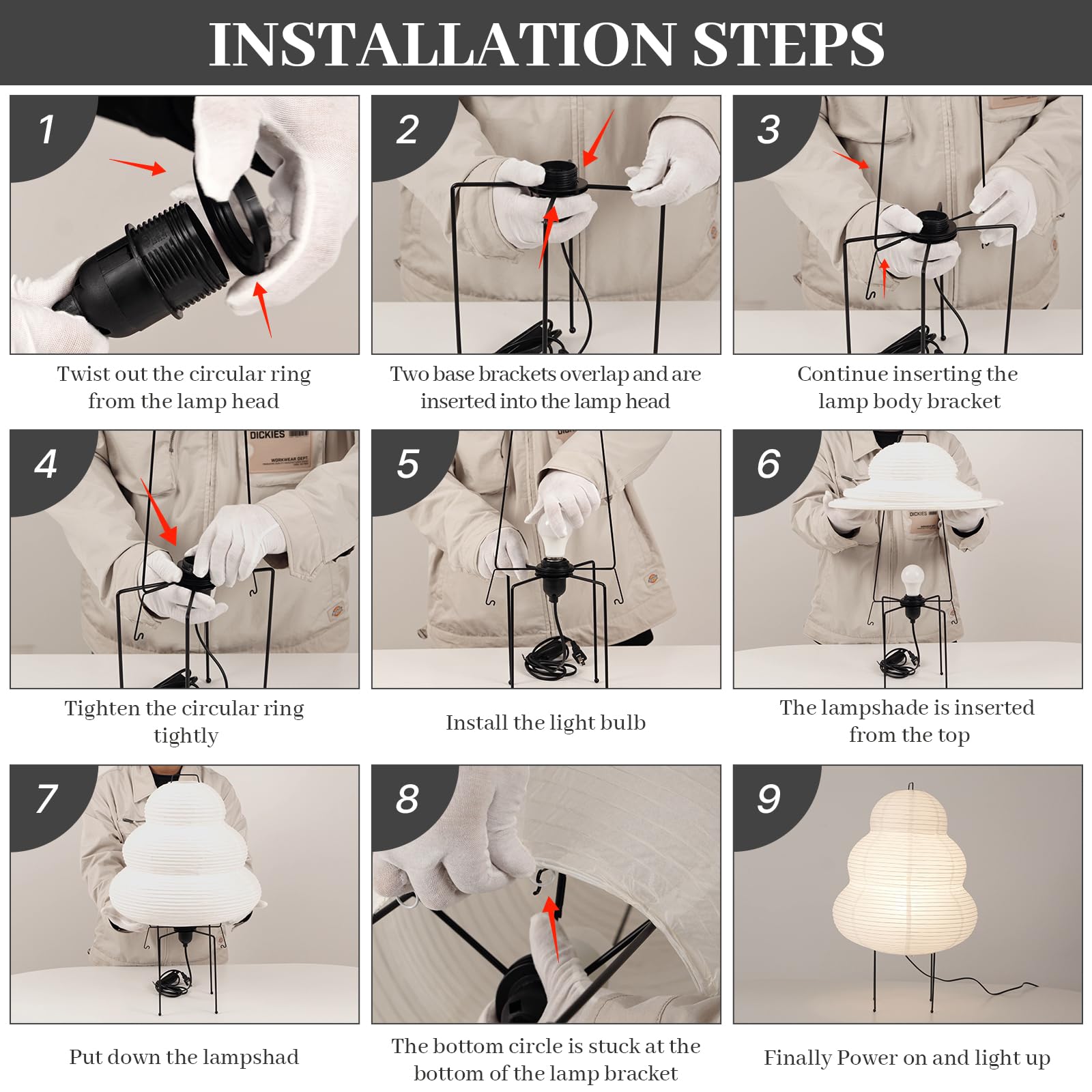 Lampadaire Wabi-sabi E27, lampe de table en papier de riz blanc, lumière blanche chaude 3000K, norme européenne, convient pour la chambre - 6