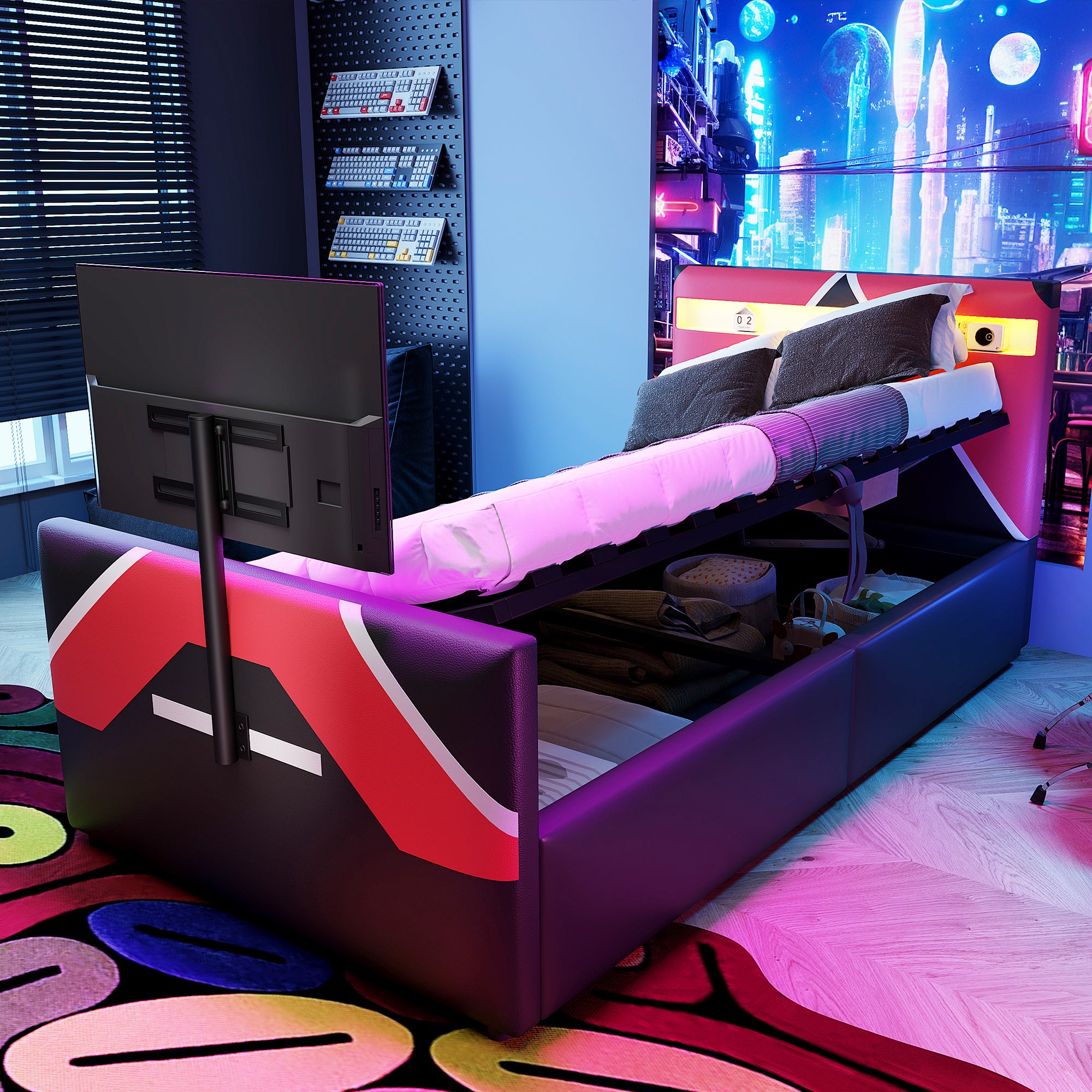 Łóżko dziecięce z pojemnikiem 90 x 200 cm ze stojakiem pod TV i diodami LED - Skóra ekologiczna - Czarny + różowy (Materac nie jest wliczony w cenę)