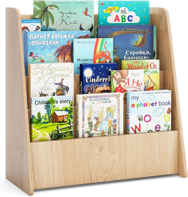 Drewniana biblioteczka dla dzieci z 4 otwartymi przegrodami, półką na książki o trapezowej konstrukcji i antypoślizgowymi nakładkami (naturalna)