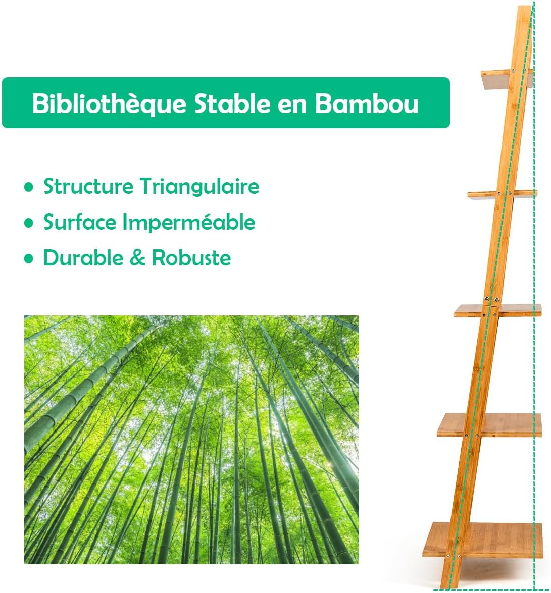 DOUSY Étagère échelle à 3 Niveaux En Bambou Pour Salon, Cuisine, Salle