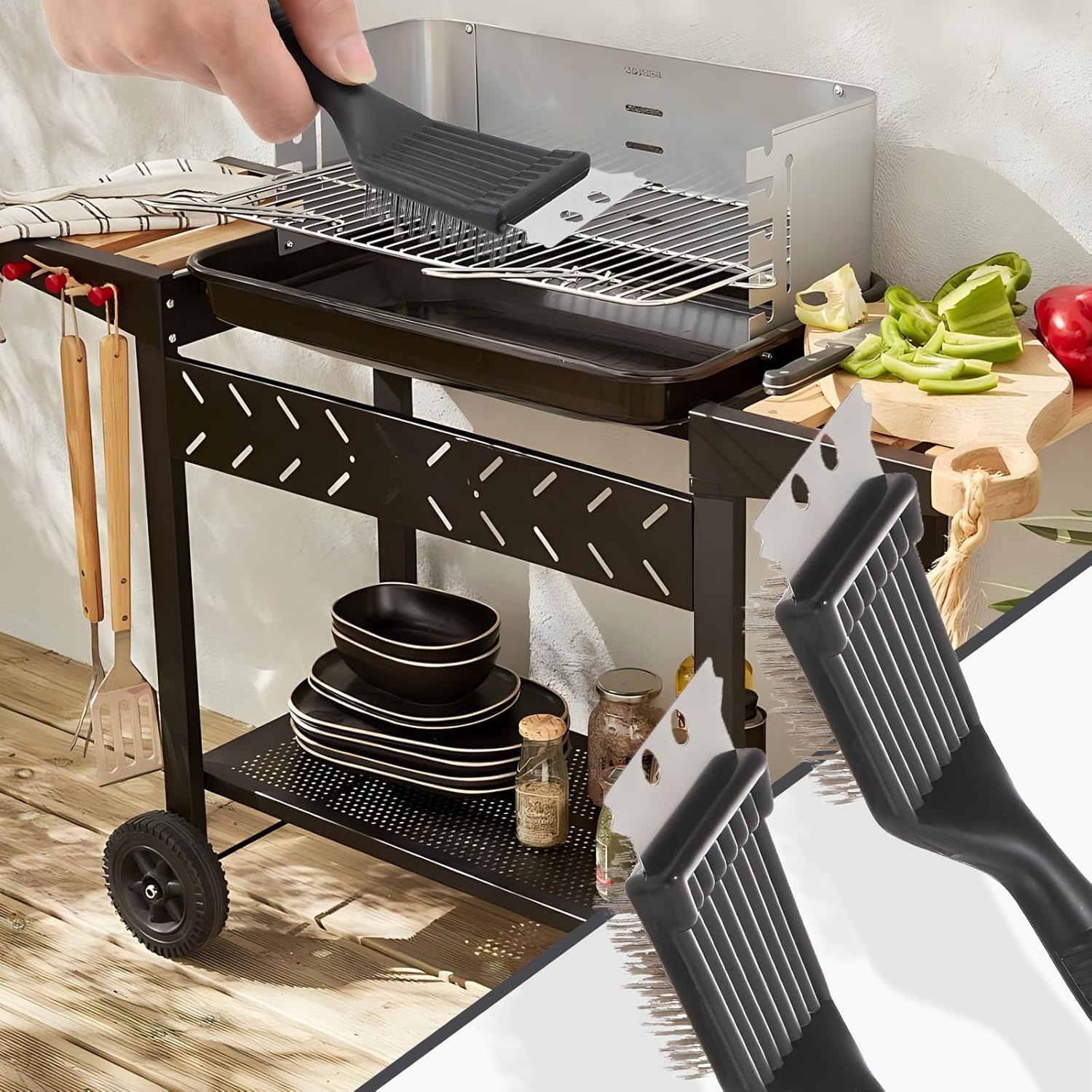 sztuki szczotki do czyszczenia grilla BBQ Szczotka do grilla ze szpatułką ze stali nierdzewnej w kolorze czarnym - 5