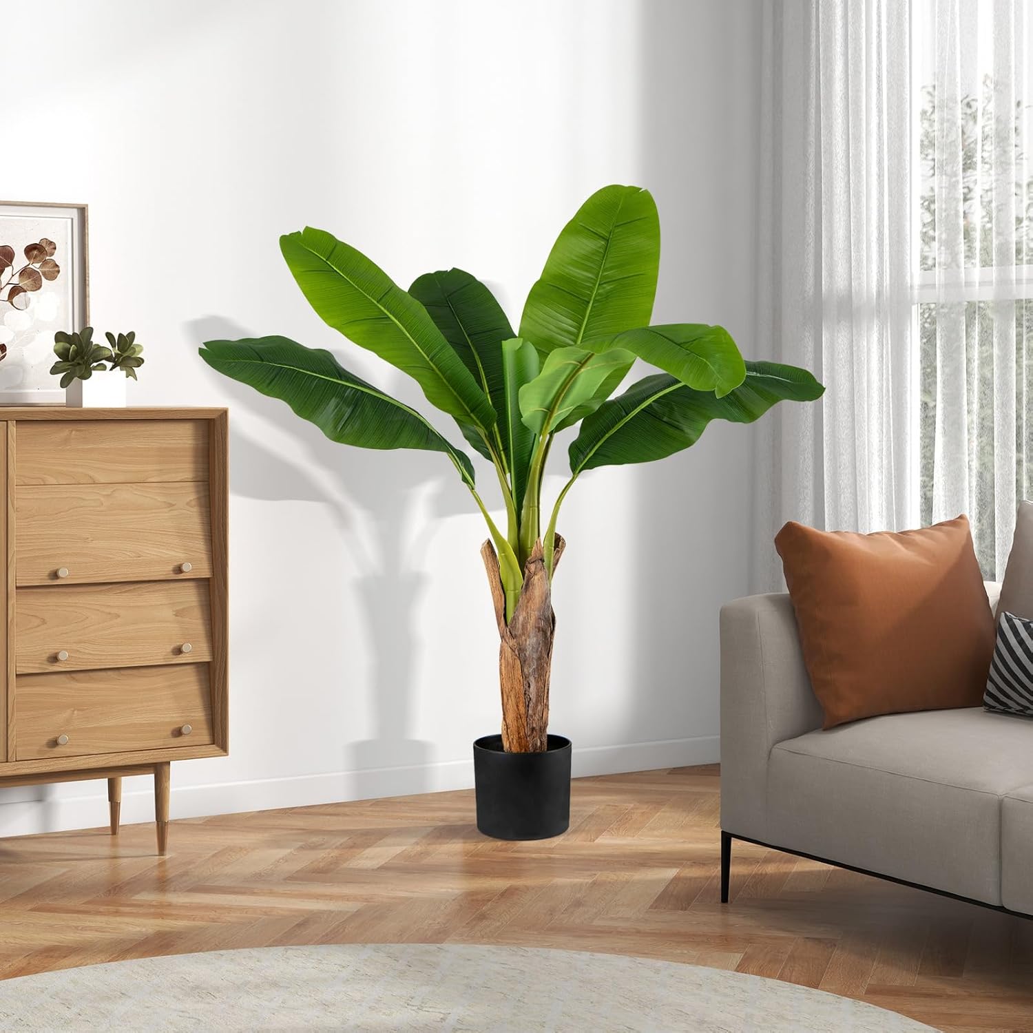 Conjunto de 2 árvores artificiais de ave-do-paraíso de 107 cm, plantas artificiais com folhas de bananeira com vaso e ramos ajustáveis para casa ou al - 8