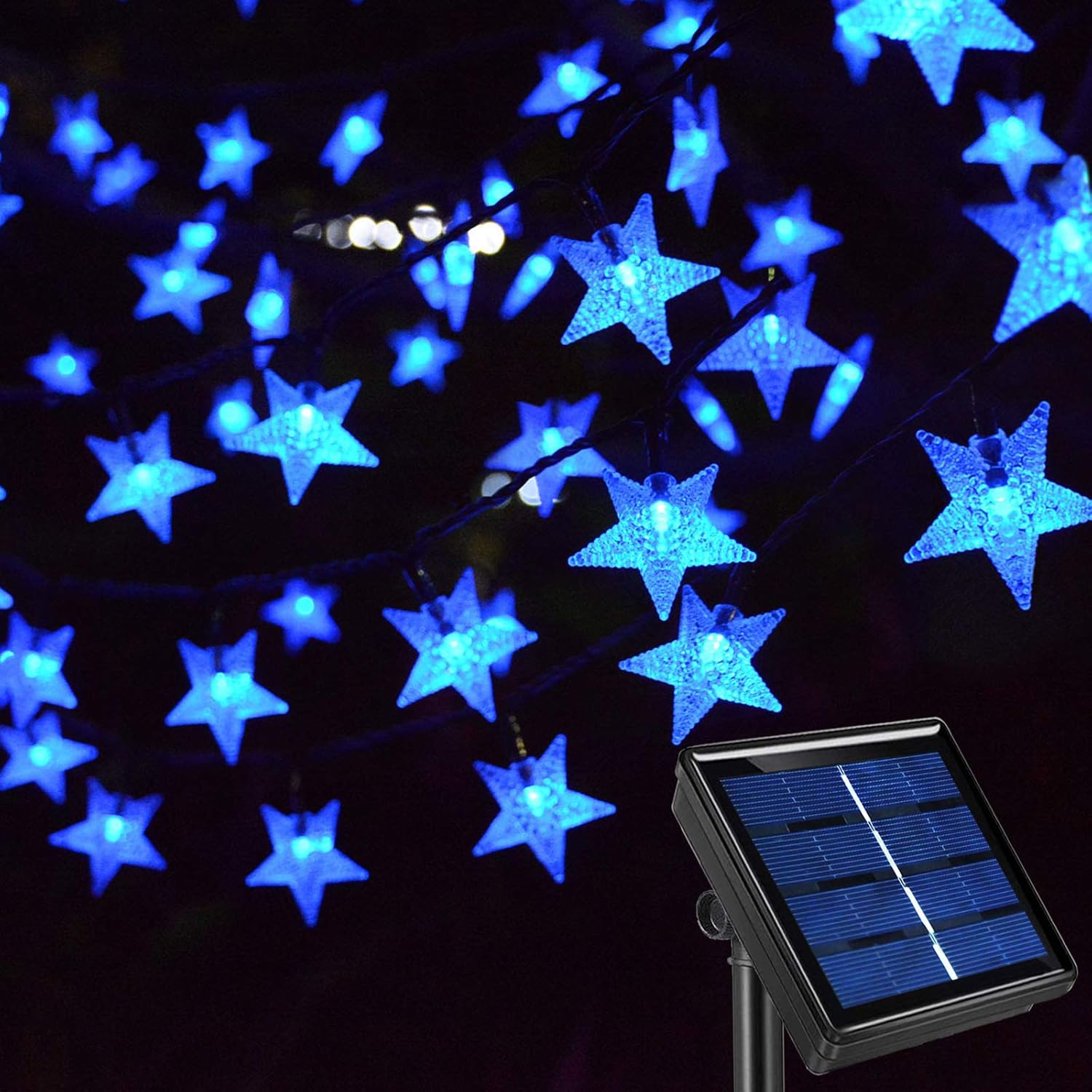 Lampki solarne – Lampki choinkowe w kształcie gwiazdek – 12 m, 100 diod LED – Idealne na imprezy i do ogrodu (niebieskie światło)