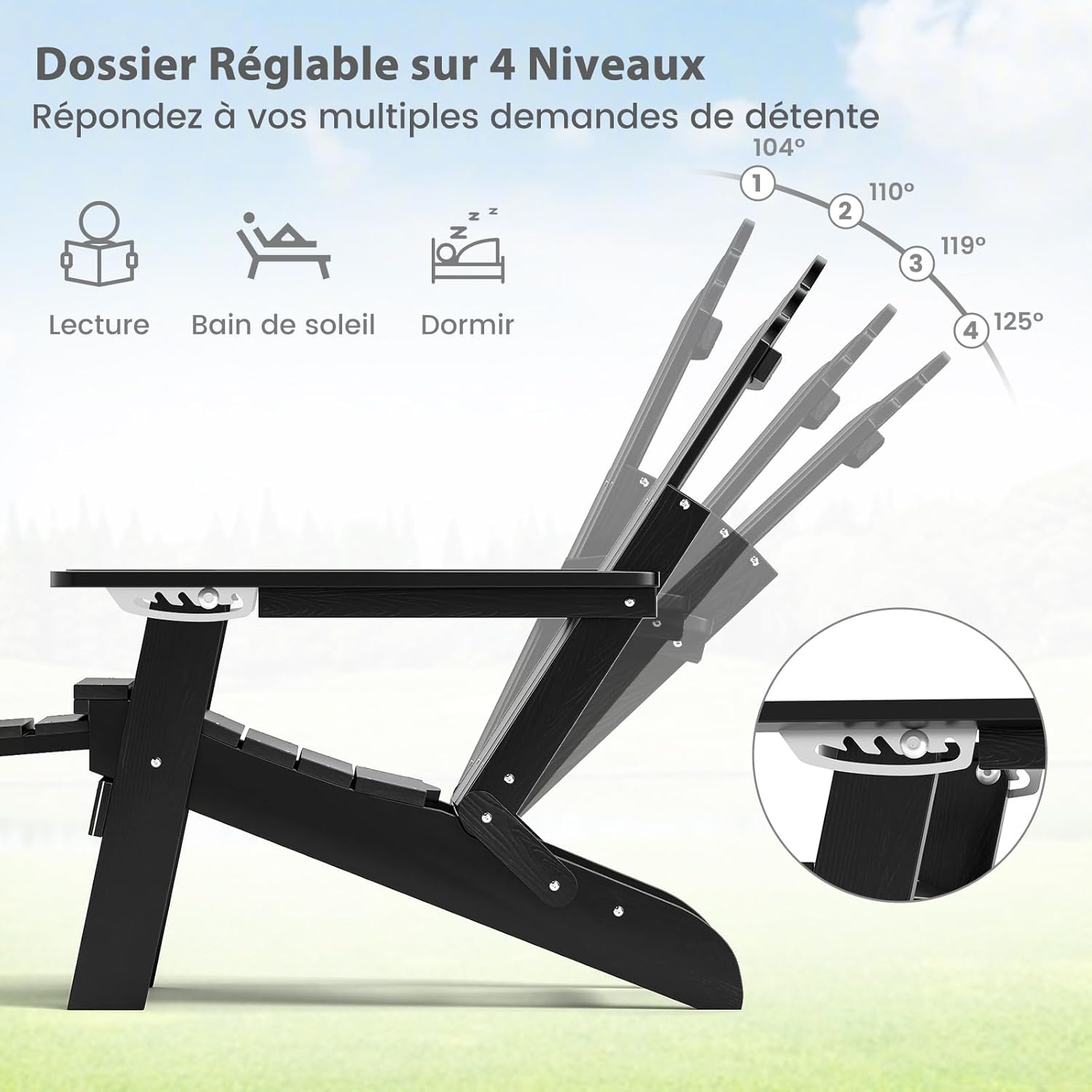 Sedia Adirondack da Giardino, Poltrona Prendisole con Poggiapiedi Estraibile, Schienale Regolabile, Sedia Lounge Adirondack Pieghevole per Gia - 6