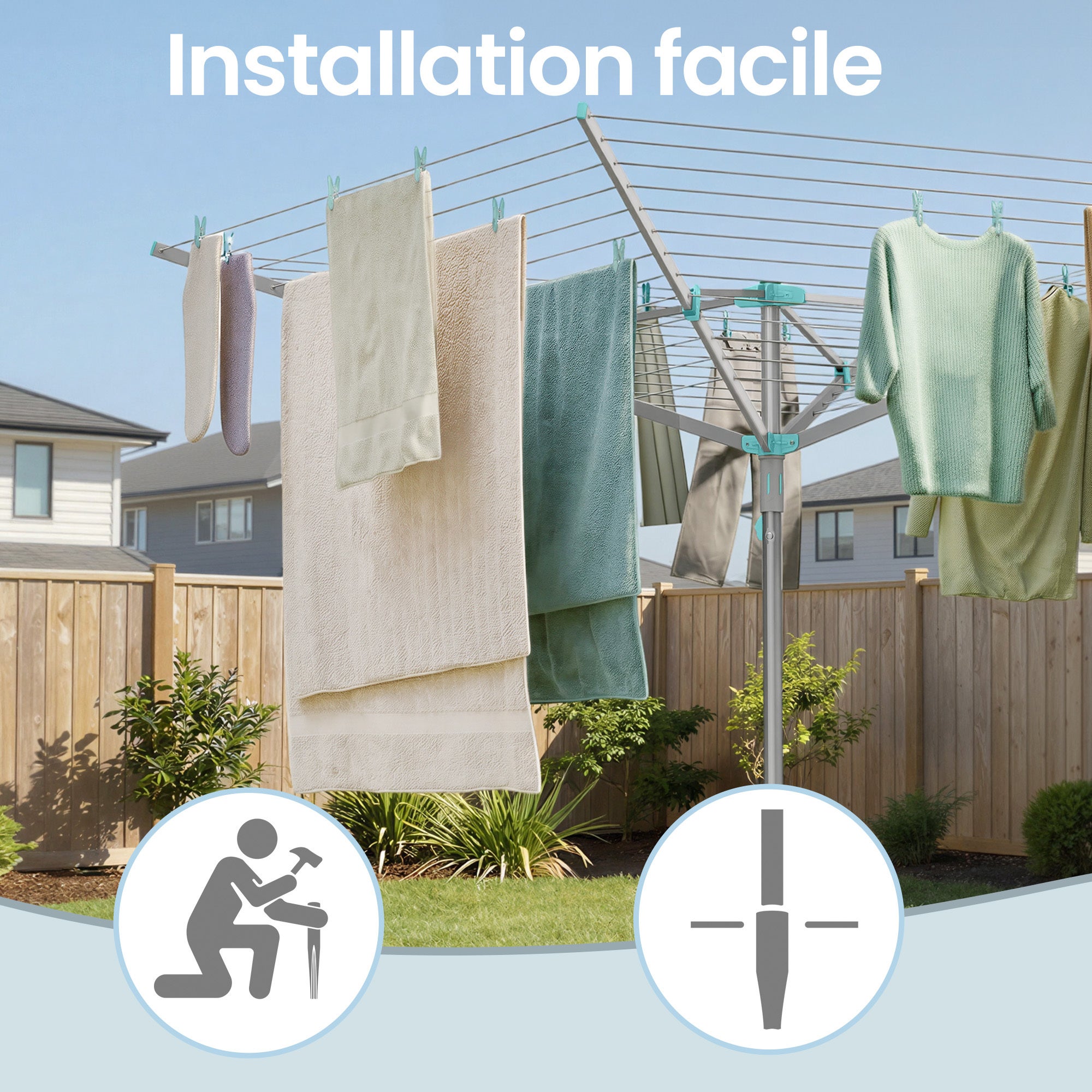 Étendoir Parapluie Pliable, avec Housse et Pinces, Jardin, Corde de Linge 50 m, Aargent - 4