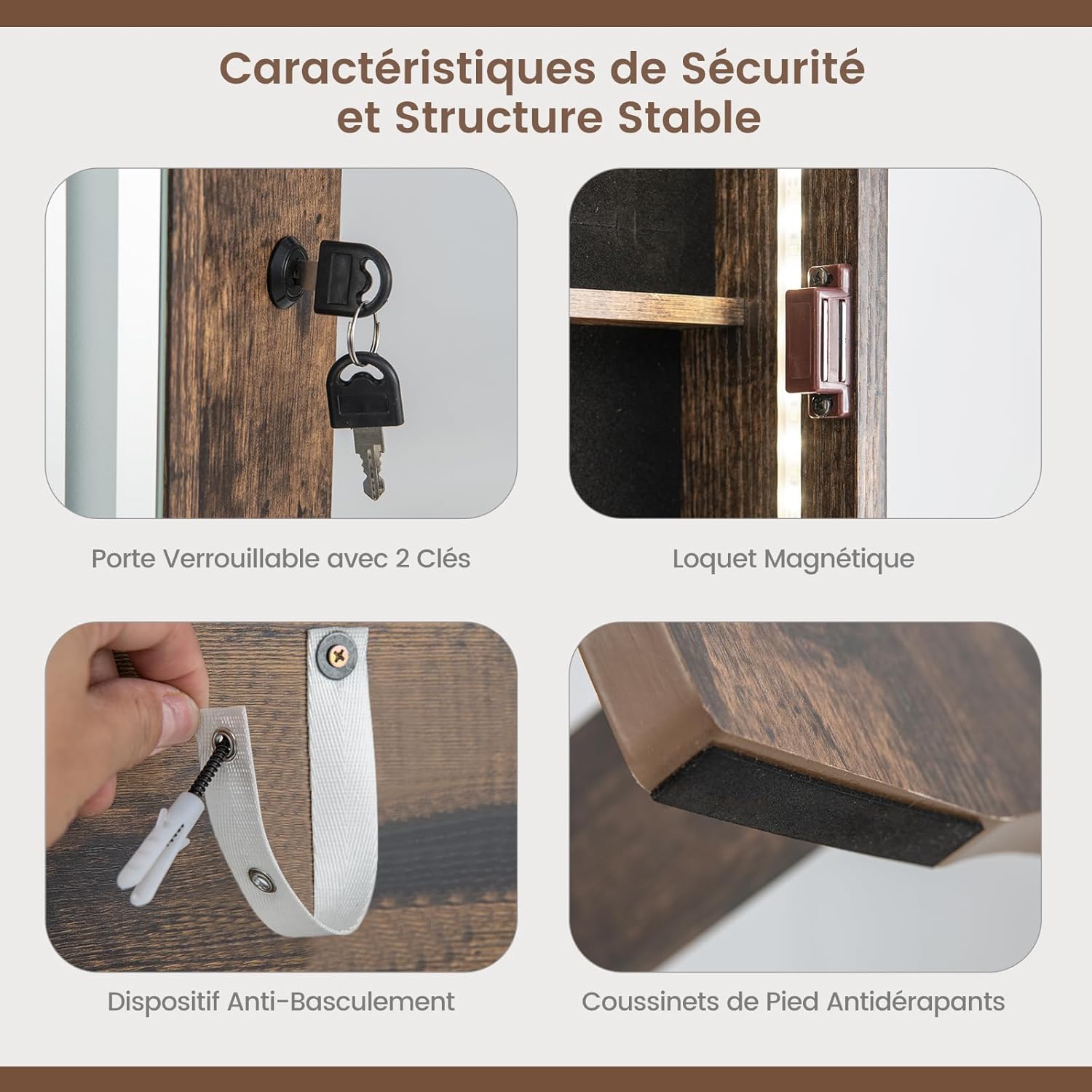 Armoire à Bijoux avec Miroir, Armoire de Rangement sur Pied pour Boucles d'Oreilles, Organisateur de Bijoux Verrouillable avec Lumières(Marron) - 6