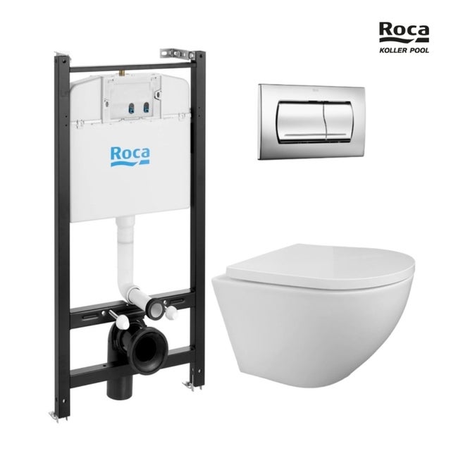 Bastidor ROCA Active pack cisterna empotrada y pulsador Cromo brillo con inodoro suspendido TORNADO ROUND de KP blanco