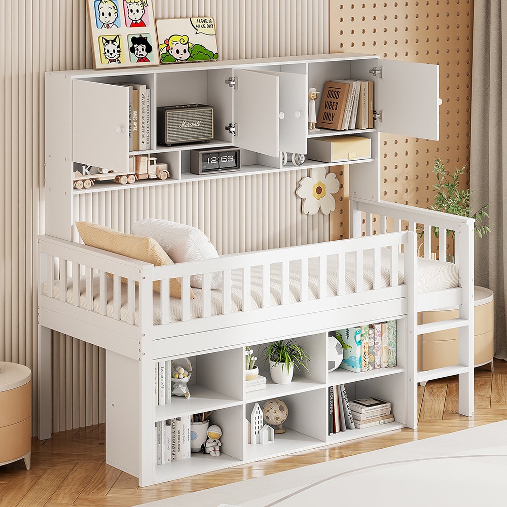 Sweiko Lit D'enfant 90x200 Cm Avec échelle Et Tiroirs, Cadre De Lit Avec Lattes, Lit Loft En Bois Massif Avec Protection Antidérapante,Blanc (sans Matelas