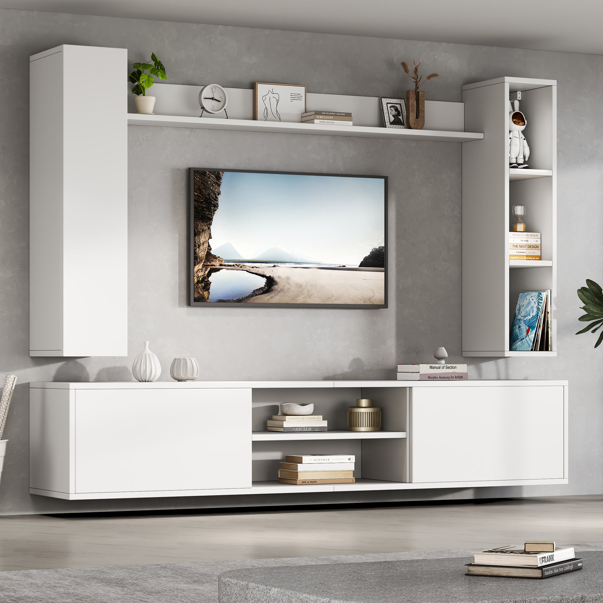 Meuble TV Salle de Séjour Complet avec Bibliothèque Murale et Vitrines, Meuble tv bois Ensemble 4 Pièces (180cm) : Support TV, Étagères Murales, Blanc - 3