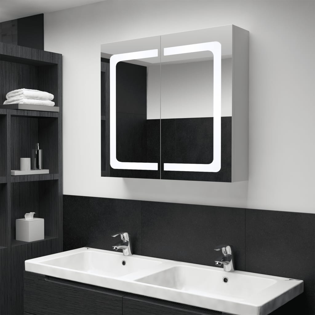 Armadietto Bagno con Specchio e LED 89x14x62 cm Bianco e Rovere