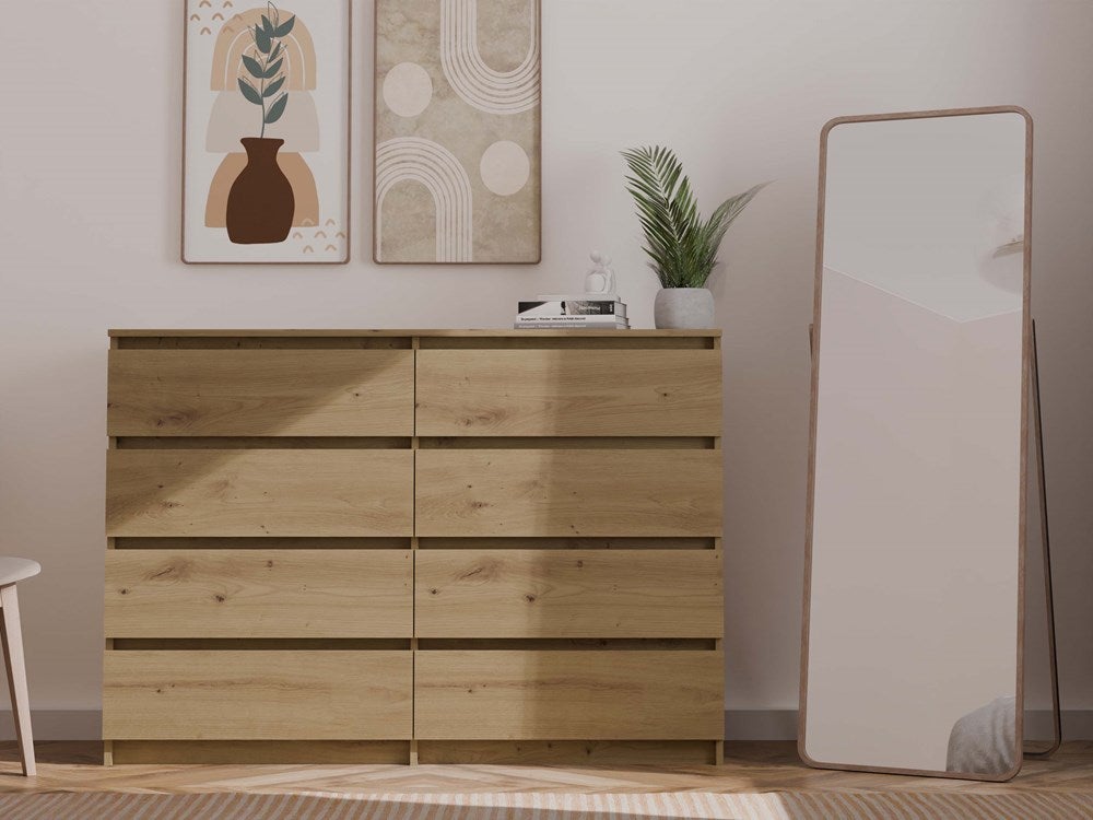 MILAN - Commode large 8 tiroirs chambre salon - 97x138x40 - Design minimaliste - Meuble de rangement - Aspect bois - Chêne - 9
