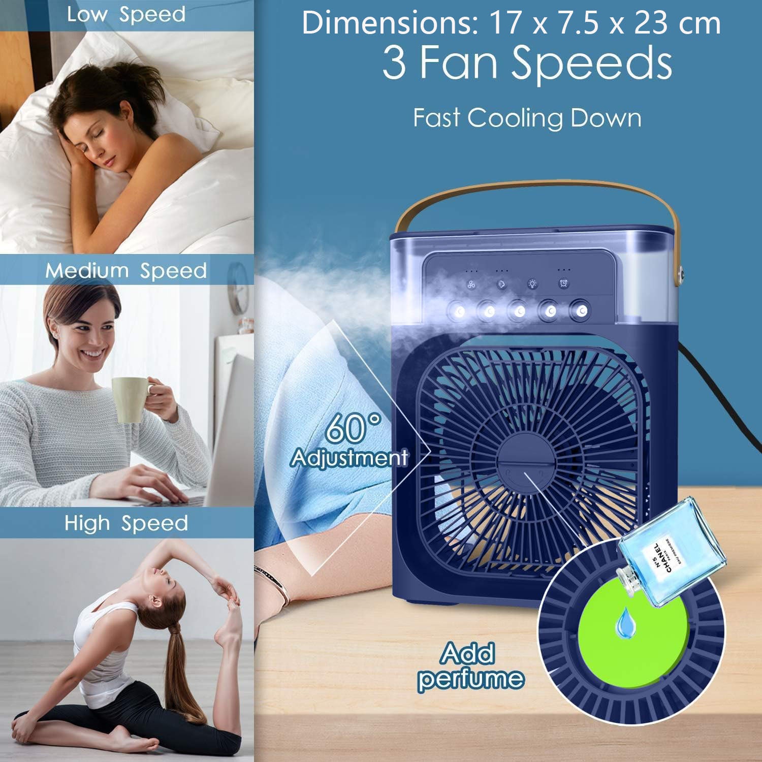 Petit refroidisseur d'air 10 W, ventilateur de refroidissement ultra-silencieux, 3 vitesses, réservoir d'eau de 500 ml, 7 lumières LED colorées, bleu - 7