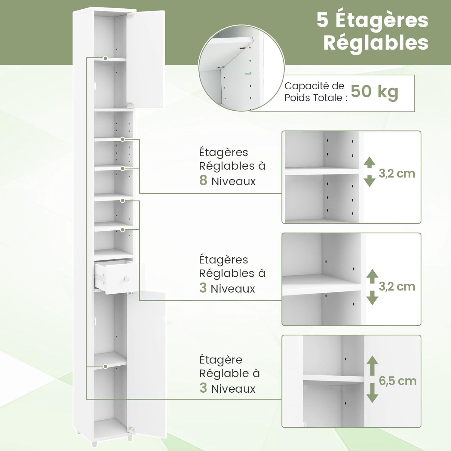 Armadio da Terra Alto, Mobile Colonna Bagno con 2 Ante 1 Cassetto e 5 Ripiani Regolabili, Mobile Bagno Salvaspazio per Soggiorno e Camera da L - 6