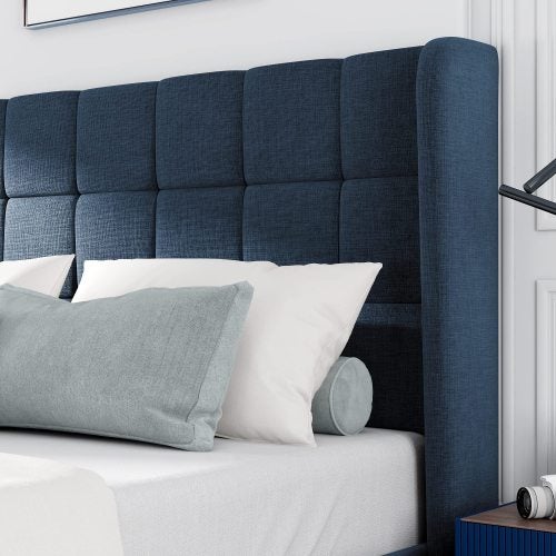 Lit adulte Lit capitonné design moderne et sa tête de lit capitonnée, lit double 140x200cm, lin Bleu (sans matelas) - 4