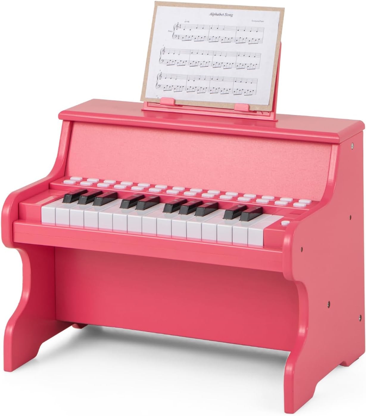 Klawiatura Fortepianowa dla Dzieci z 25 Podświetlanymi Klawiszami, Cyfrowy Fortepian Drewniany z Pulpitkiem, Regulowana Głośność/Prędkość (Różowy)