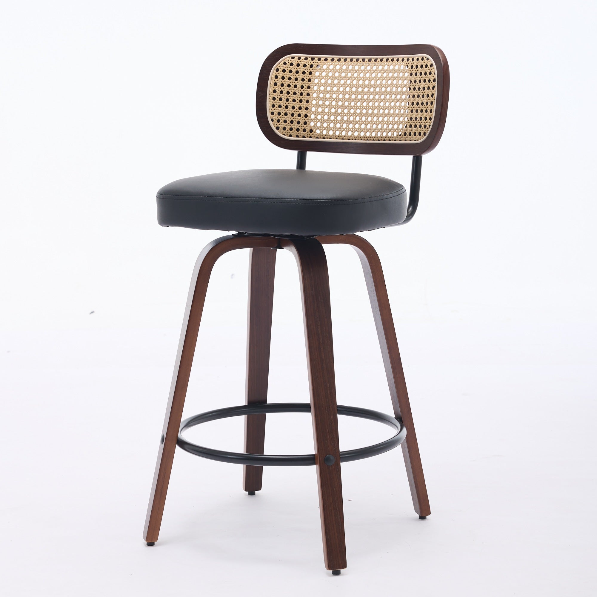 Lot de 2 chaise de bar Noyer Hauteur Comptoir 66 cm, Tabouret de bar Dossier en Cannage, Assise Rembourrée Noir, Salle a manger Fonction Pivotante - 7