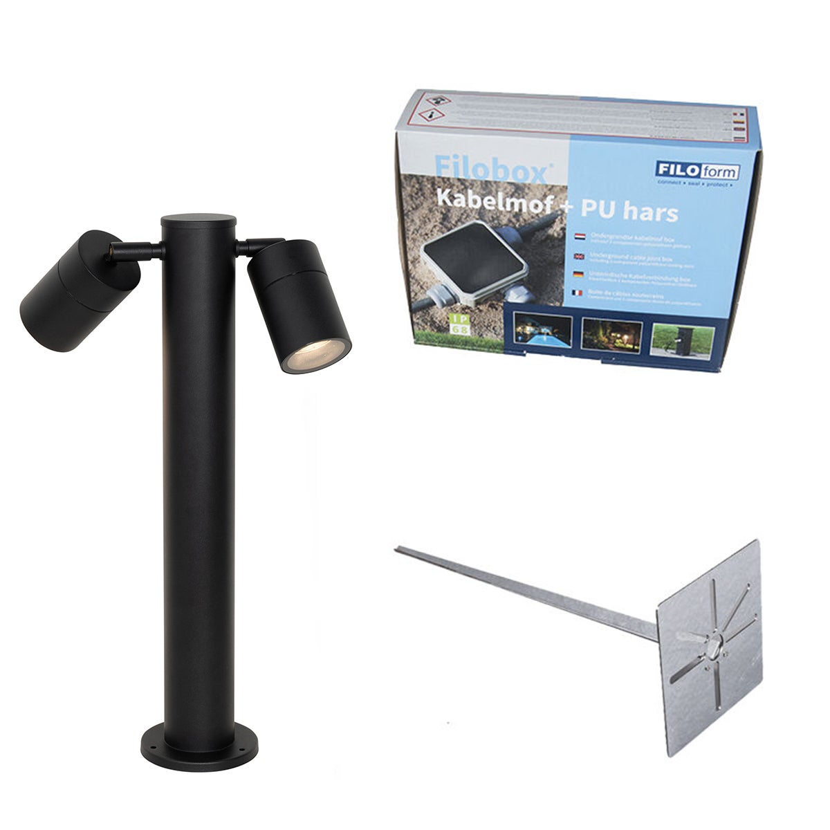 Lampa zewnętrzna czarna z kolcem do ziemi i dławikiem kablowym 45 cm 2-źródła światła IP44 - Duo