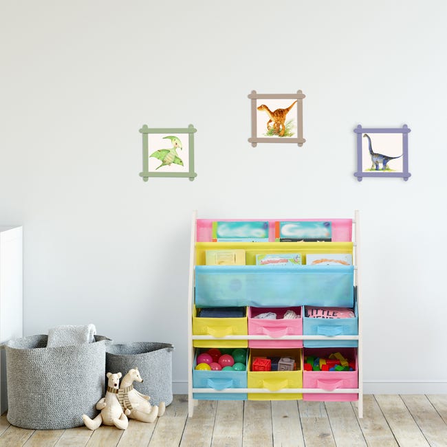 Scaffale Per Giochi Bambini Con 6 Scatole E 2 Box Con Ruote - Motivo Supereroi, Legno Bianco - Foto 3