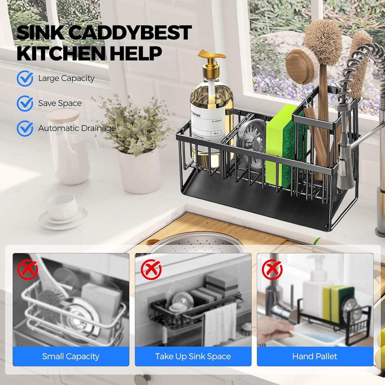 Uchwyt na gąbkę do zlewu kuchennego - Organizer ze stali nierdzewnej - z automatyczną tacką ociekową - Przechowywanie gąbek do zlewu kuchennego - Czar - 3