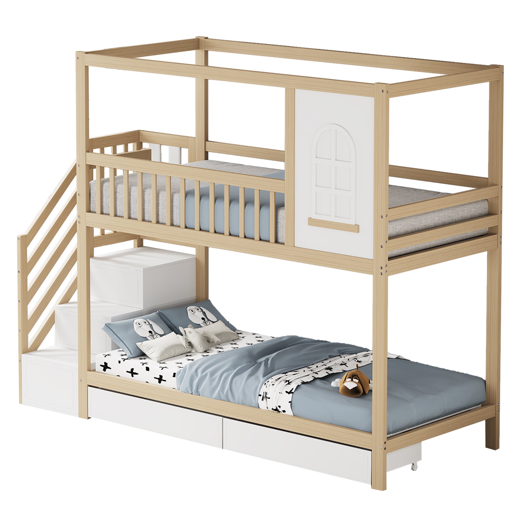 Letto per bambini 90x200cm casa con finestre scala con cassetti barriera sicurezza legno legno naturale (Sem materasso) - 2