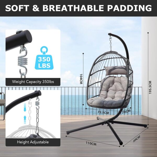 Fauteuil œuf suspendu pliable en rotin avec coussin et support - 3