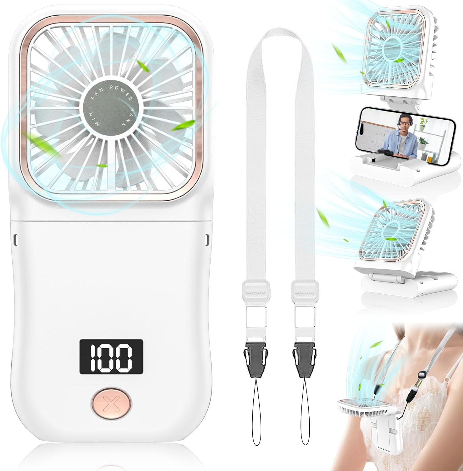 Mini Ventilatore Portatile A Clip, Ricaricabile USB, Senza Pale, 3 Velocità, Rotazione 360°, Batteria 900 MAh, Per Cintura E Collo, Per Esterno/interno, Bianco