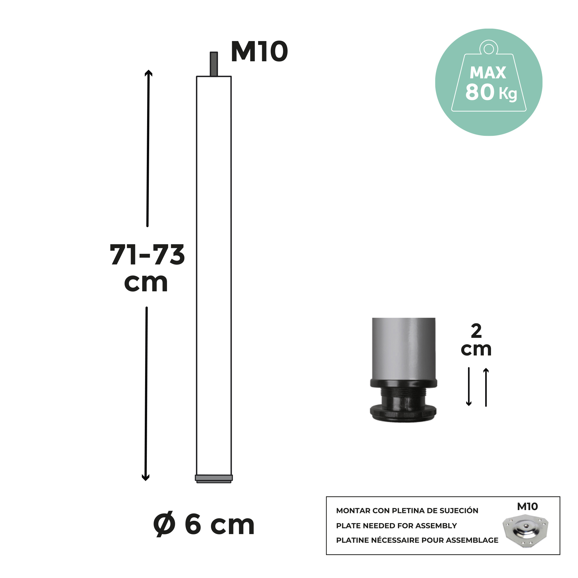 Pied de meuble cylindrique | Style fonctionnel | En acier | Finition chromée brillante | Mesures 60*60*710mm | Hauteur : 71 cm | Installation facile - 4