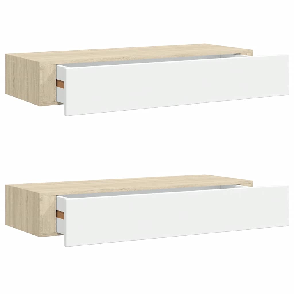 vidaXL Étagères murales à tiroirs 2 pièces Chêne et blanc 60 x 23,5 x 10 cm MDF - 2