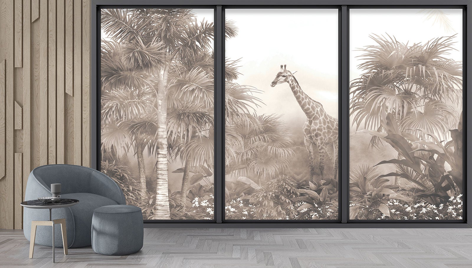 Papier peint panoramique intissé décoratif Trompe l'oeil baie vitrée - Jungle Girafe - L260 cm x H156 cm - 4