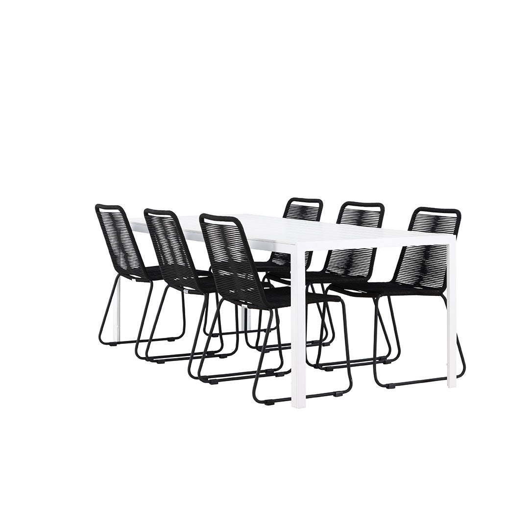 Break zestaw ogrodowy stół 90x205cm biały, 6 krzeseł czarnych.