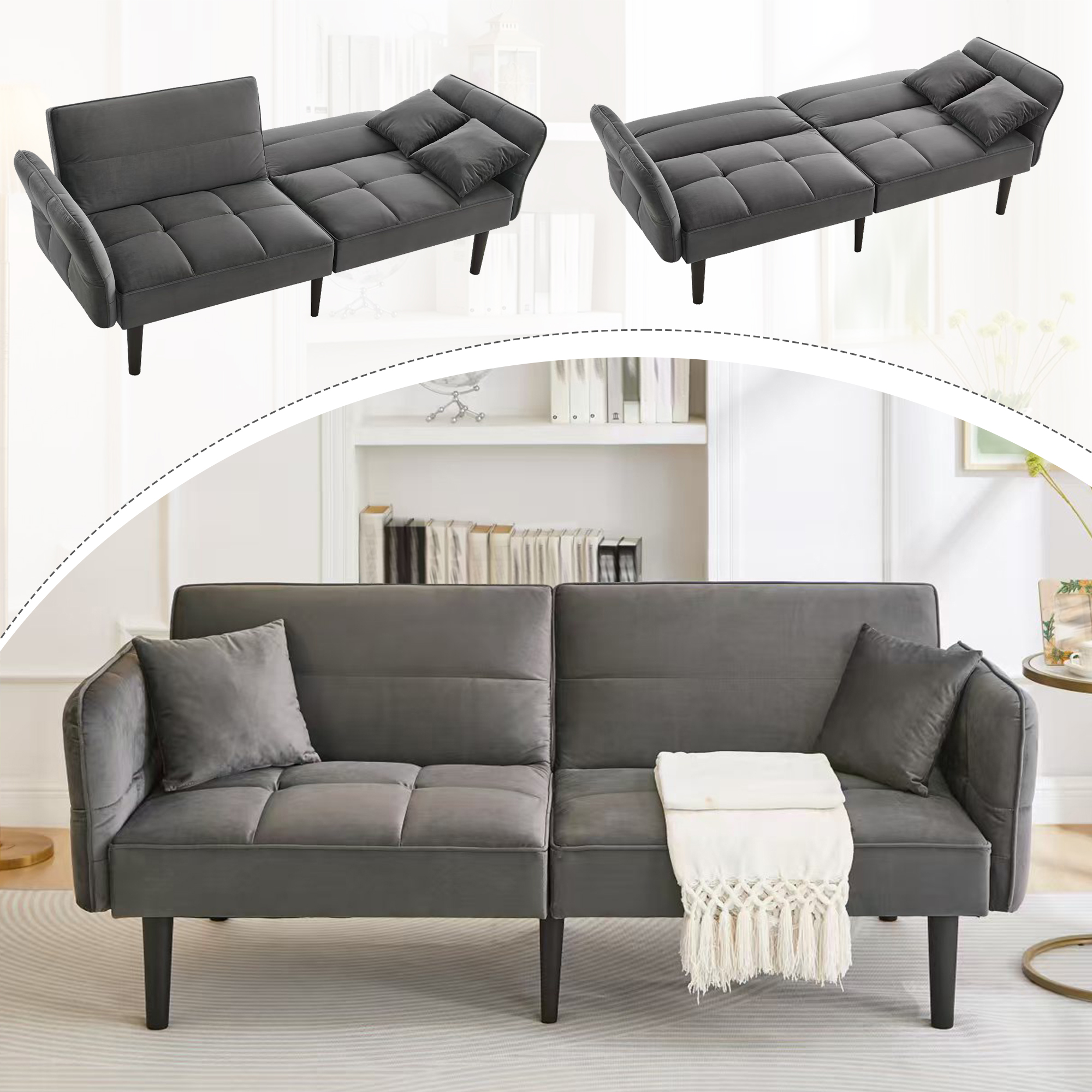 Sofa 2-osobowa Velvet z funkcją spania - 176 x 78 x 76 cm - Metalowe nogi - z funkcją spania - Szary