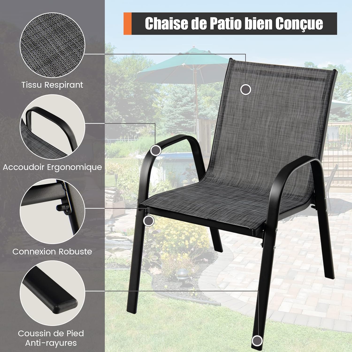 Lot de 4 Chaises de Jardin Extérieur Métal et Textilène, Fauteuil de Jardin Empilable avec Accoudoirs et Dossier, 56x70x84cm, Charge 150kg, Gris - 4