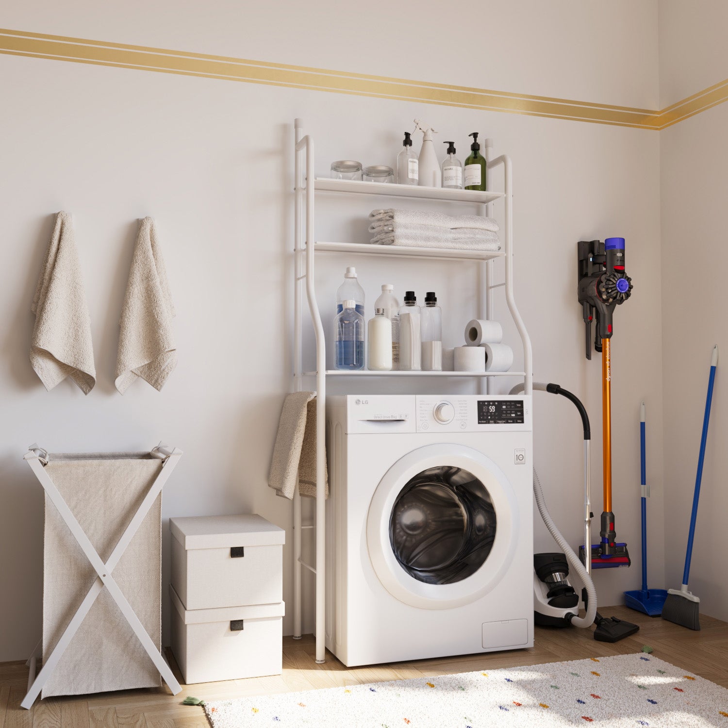 Scaffale Bagno 3 Mensole Ripiano Superiore Mobile Sopra Lavatrice Lavanderia Ripiani Per Appoggio Organizer Da Parete In Metallo 152x65x25 Cm Bianco - 5