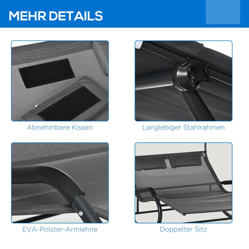 Bain de soleil double en acier gris foncé avec balancelle, pare-soleil, coussin, roulettes, 220 kg, 2 personnes, 200x139x140 cm - 6